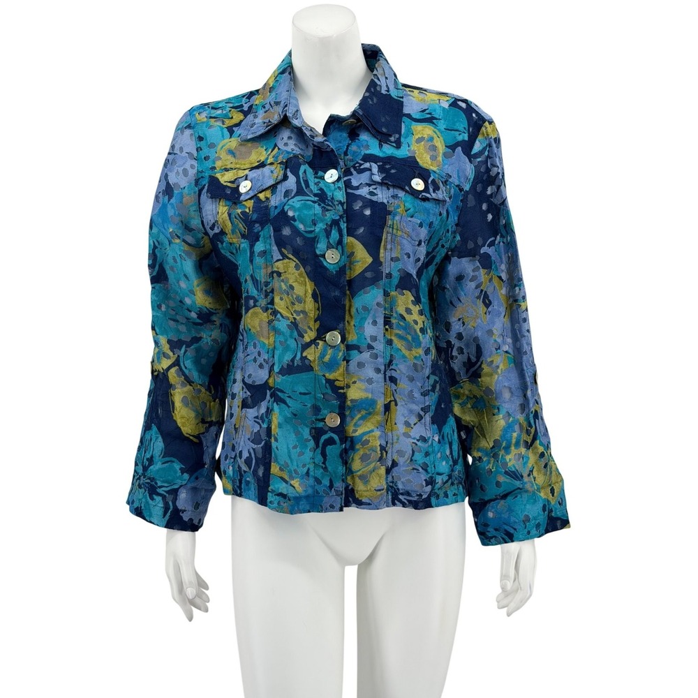 Ruby Rd Jacket Womens Medium Blue Floral Sheer Button Up Boho Lightweight Summer